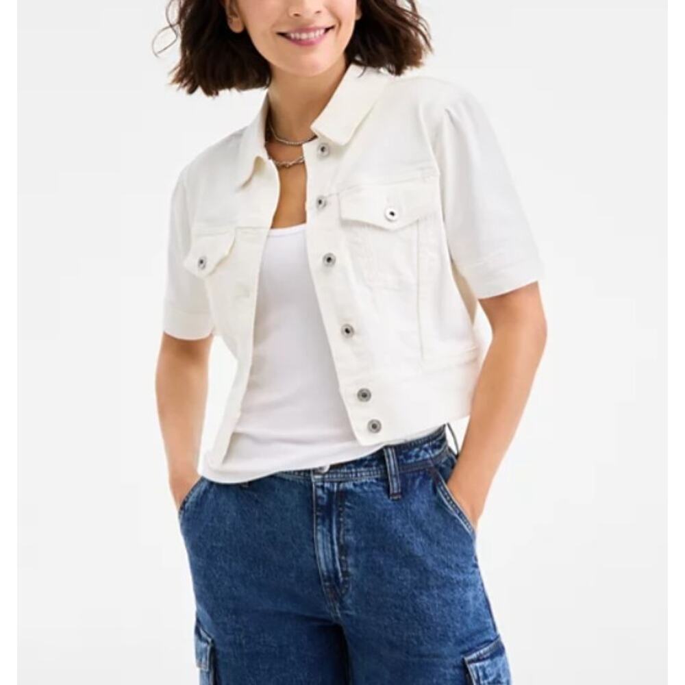 On 34th Women's Elbow Puff Sleeve Denim Jacket Bright White Size M